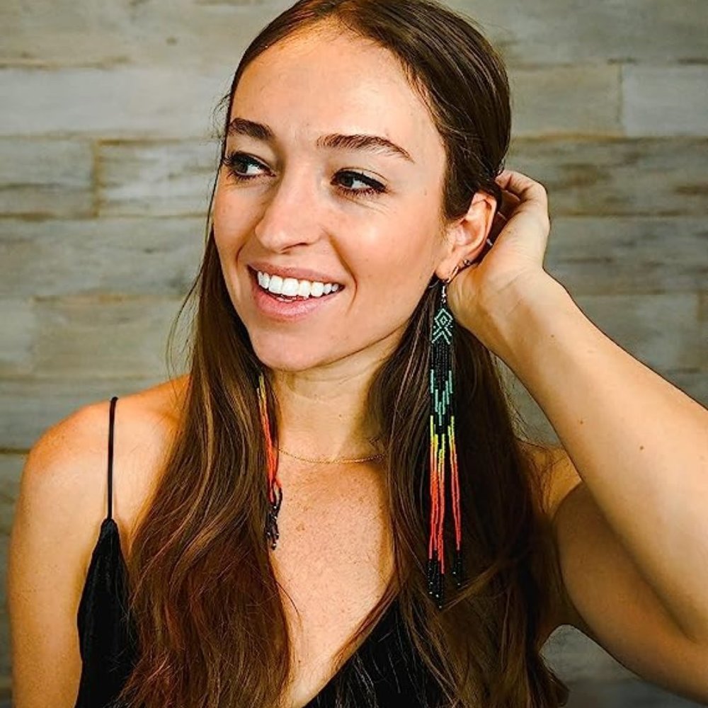 Long 8" Turquoise Blue Orange Black Beaded Fringe Earrings Dangle New